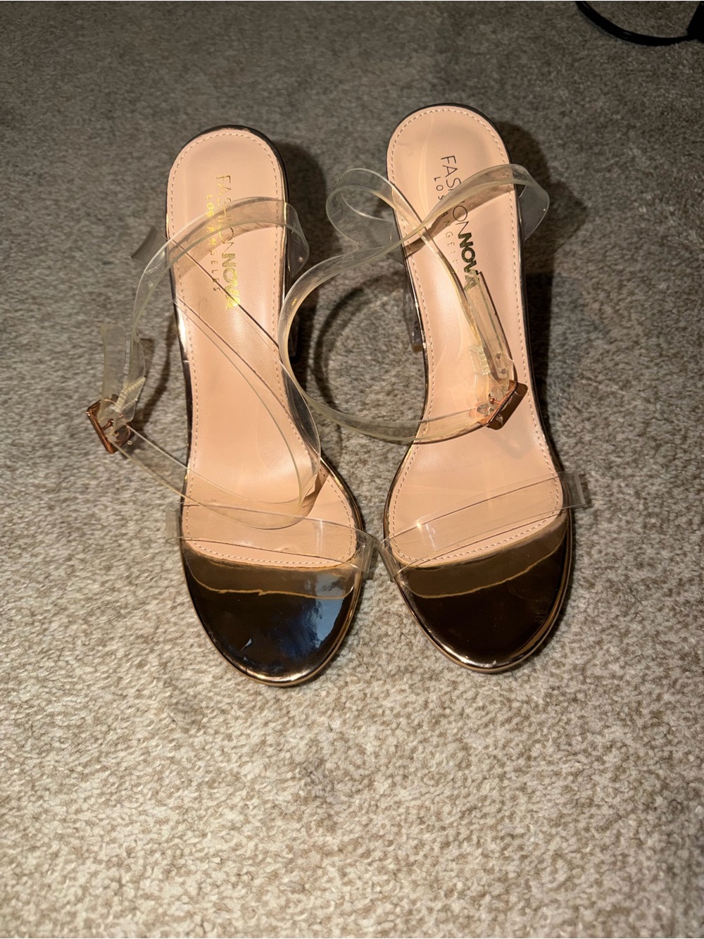Fashion Nova Nude and Gold Clear-Strap Heeled Sandals